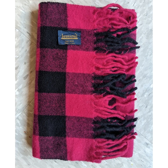 brassrail Accessories - Brassrail Pink Black Buffalo Plaid 100% Wool Scarf Made in Italy Fringe Trim